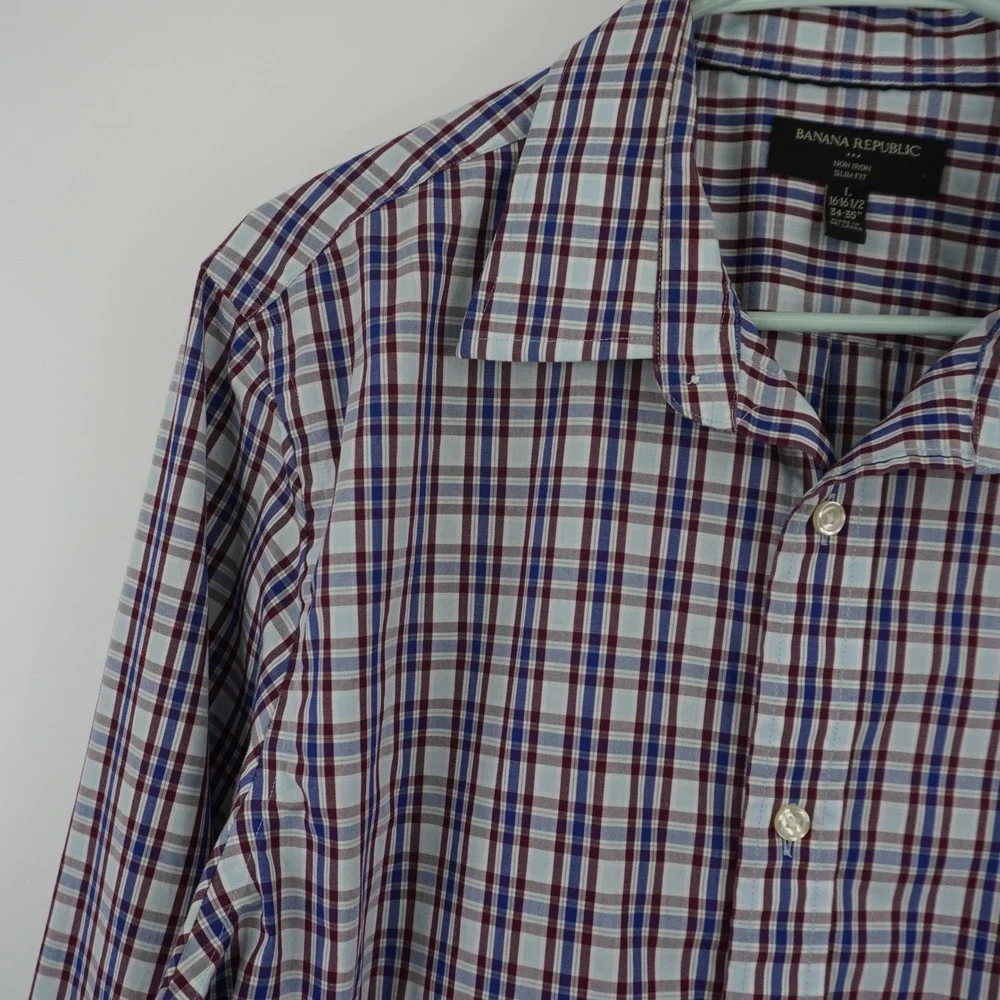 Banana Republic Button Down Shirt Mens Large Multicolor‎ Plaid Non Iron Slim Fit